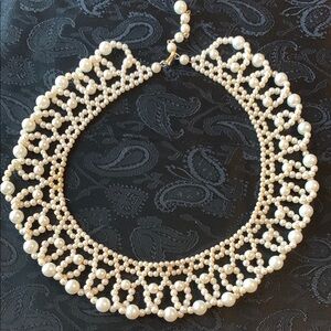 Vintage Faux Pearl Bib Collar Necklace with Scalloped Woven Edge